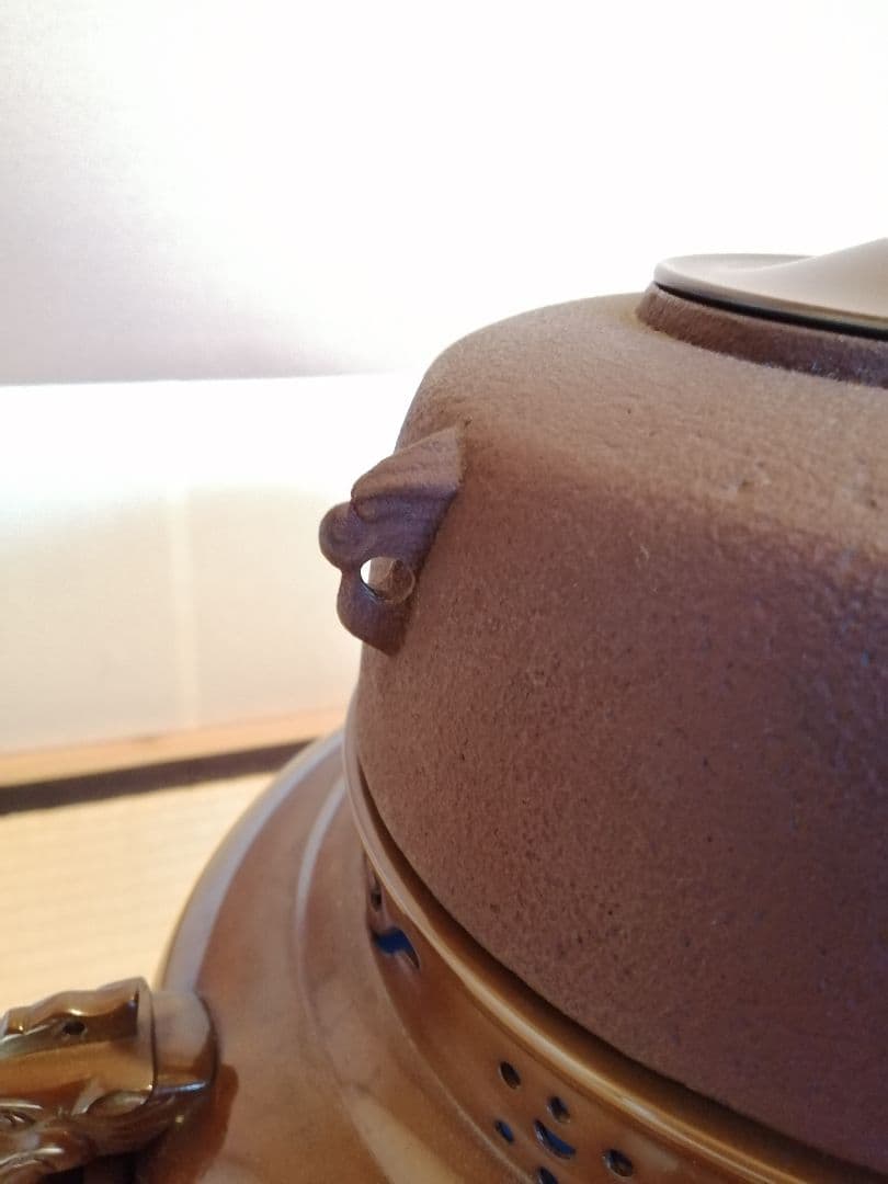 【茶道具】畠春斎 一ノ瀬宗辰造　唐銅鬼面風炉撫肩平丸釜添　茶釜　釜396