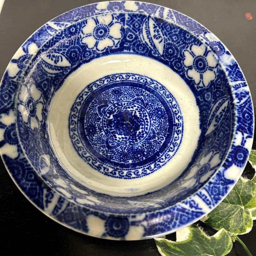 骨董品　古伊万里　転写　印判　煮物鉢　菊紋　椿紋　鳥紋　有田焼　アンティーク