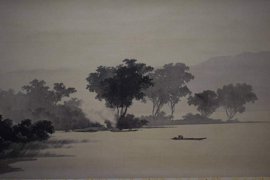 複製/川合玉堂/朝江炊煙図/工芸/布袋屋掛軸HE-642