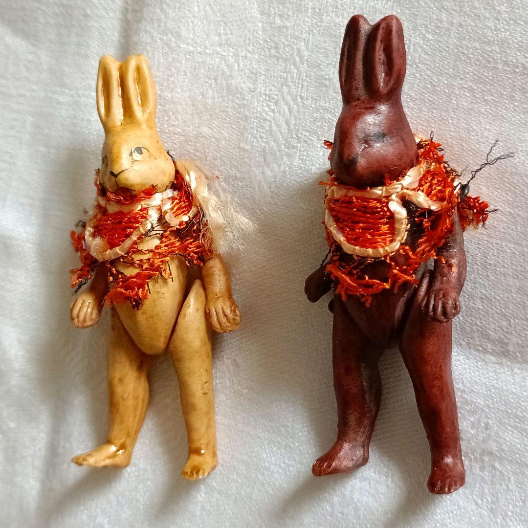 ドイツ アンティーク ウサギ 陶器 フィギュア 2体 ビスクドール ミニョネット