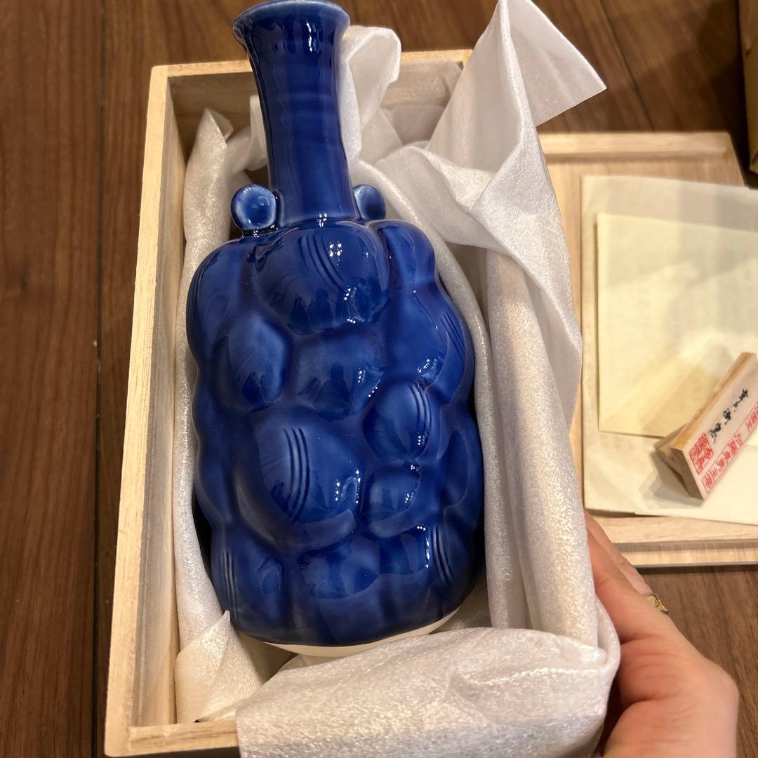 人間国宝 加藤卓男 瑠璃釉 櫛目花生 西暦2000年 特別創作 花瓶 花