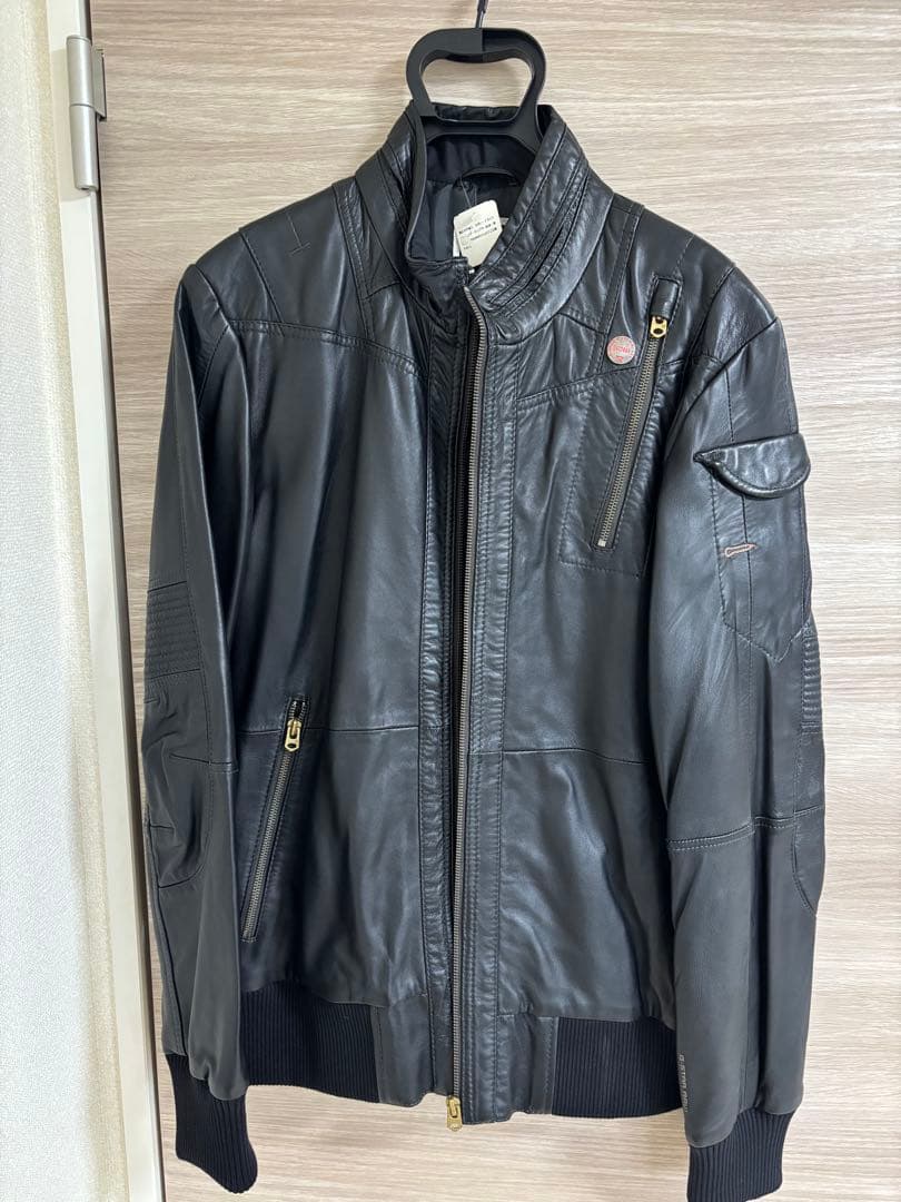 【未使用】ジースターロゥ レザーボンバージャケット　牛革　リブ　金ボタン　黒