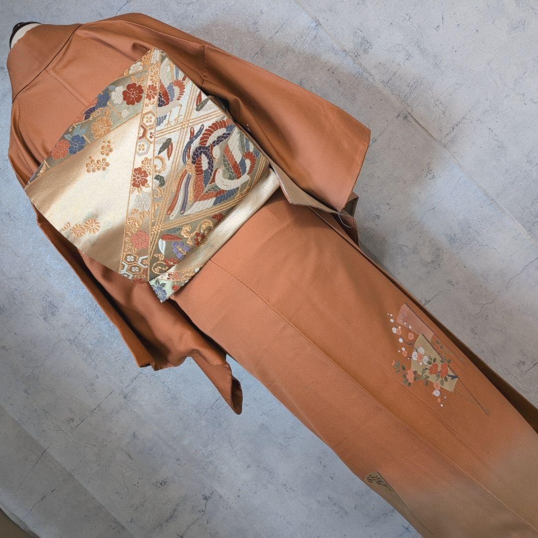 訪問着　フルセット　着物　正絹　赤茶橙　鳥　扇　梅　花　刺繍　しつけ糸　F2