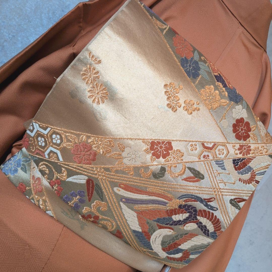 訪問着　フルセット　着物　正絹　赤茶橙　鳥　扇　梅　花　刺繍　しつけ糸　F2