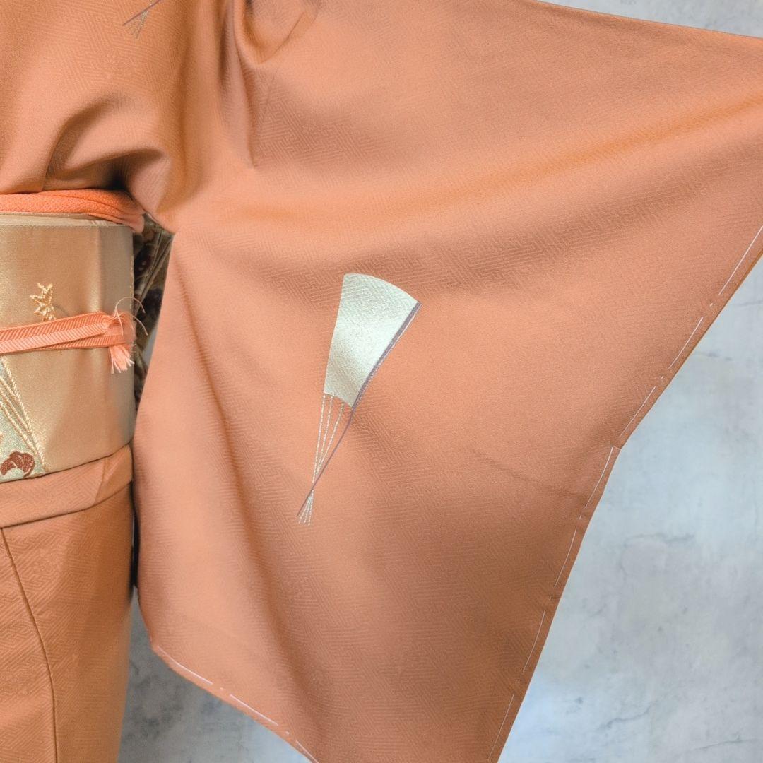 訪問着　フルセット　着物　正絹　赤茶橙　鳥　扇　梅　花　刺繍　しつけ糸　F2