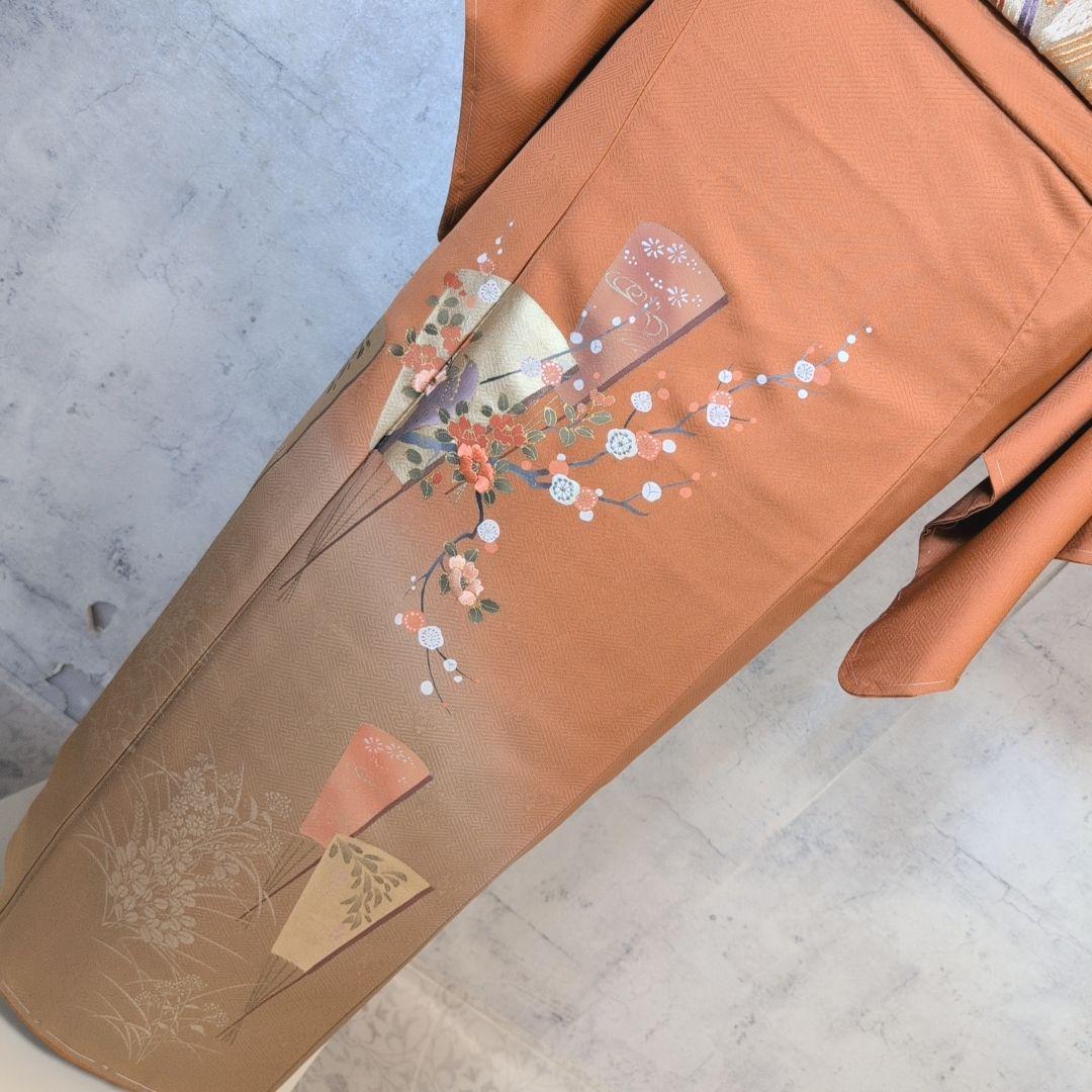 訪問着　フルセット　着物　正絹　赤茶橙　鳥　扇　梅　花　刺繍　しつけ糸　F2