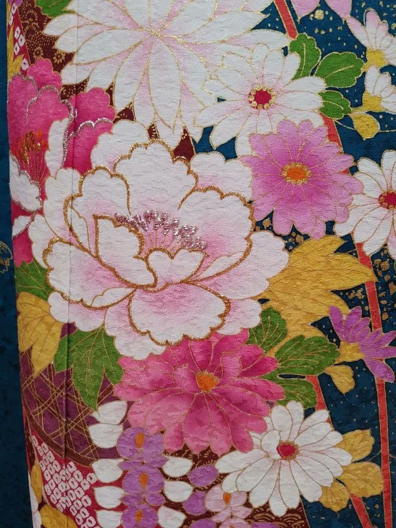 正絹　振袖　袋帯　帯揚げ　帯締め　青緑