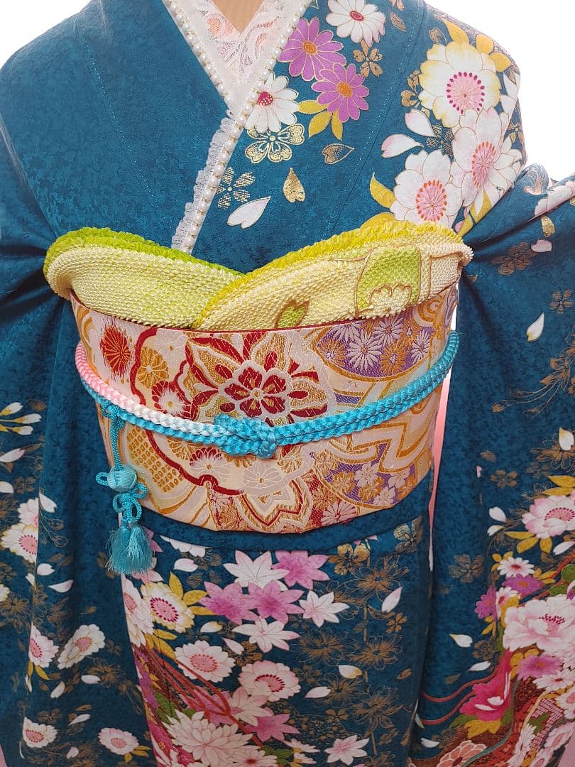 正絹　振袖　袋帯　帯揚げ　帯締め　青緑