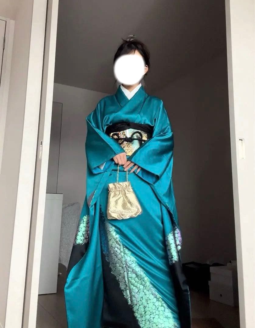 振袖　セット　ブルーグリーン ブラック　光沢
