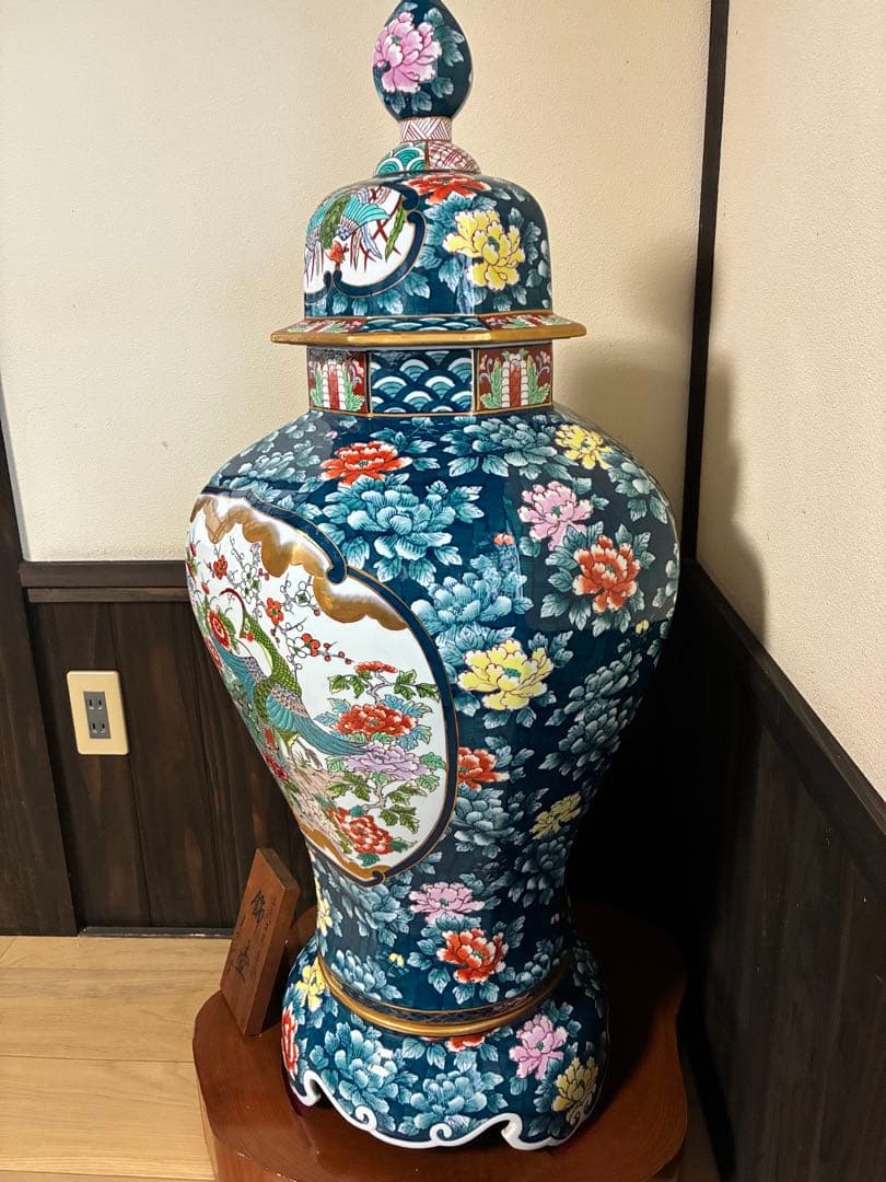 有田焼 特大 染付 牡丹孔雀図 飾壷 光右衛門作 三段壷 置物　約100cm