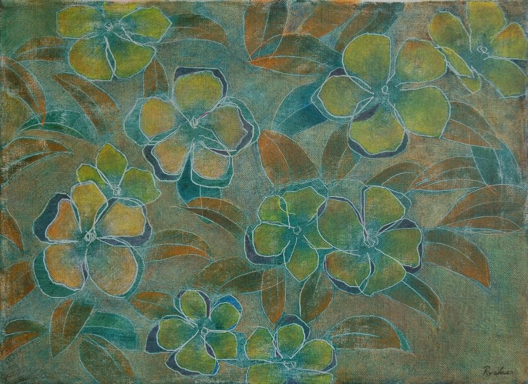 油絵 菅家令子 絵 絵画インテリア 額付(青緑＋金色の枠) F4-091716花