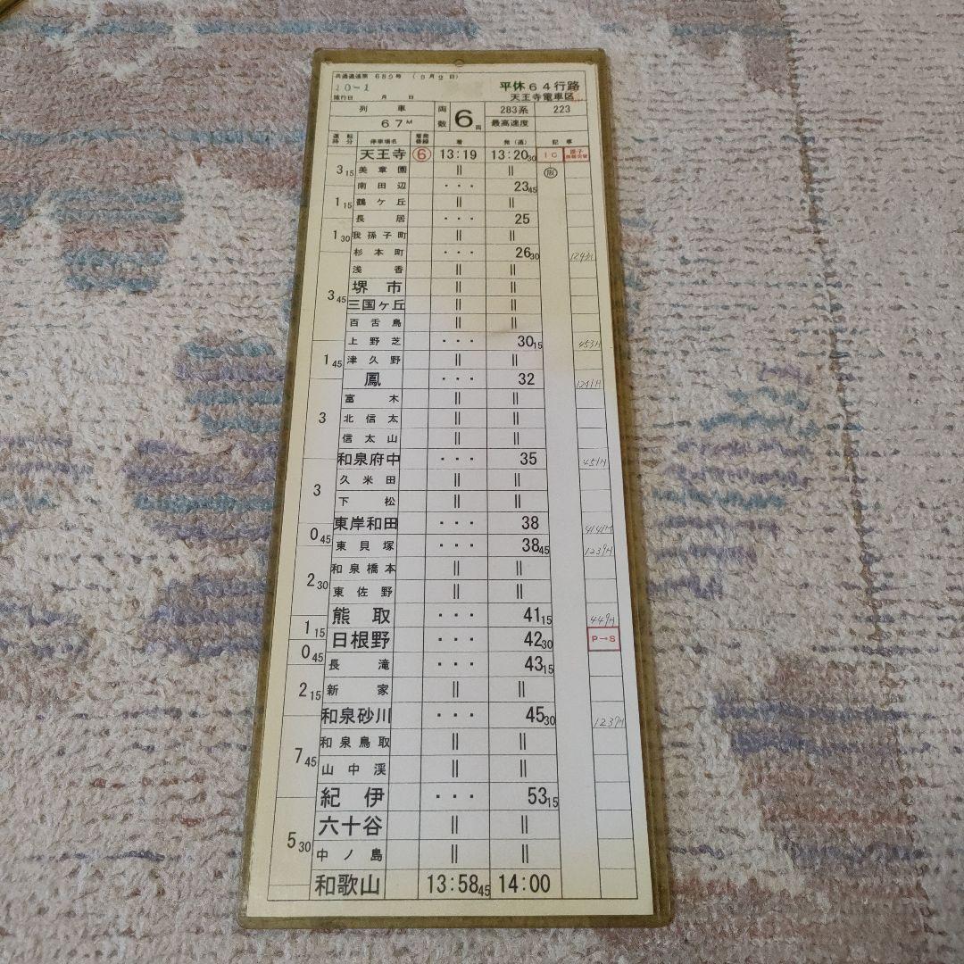 JR西日本　283系　くろしおオーシャンアロー　運転士時刻表　スタフ