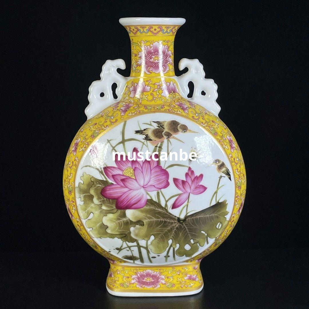 粉彩花鳥双耳抱月瓶 景徳鎮 陶磁器 装飾品 現代工芸品 美術品 置物