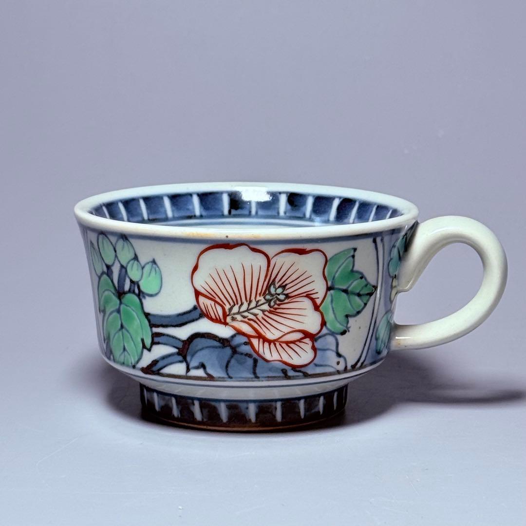 五代　佐藤走波　七十五才　染錦牡丹文カップ＆ソーサー　コレクター放出品