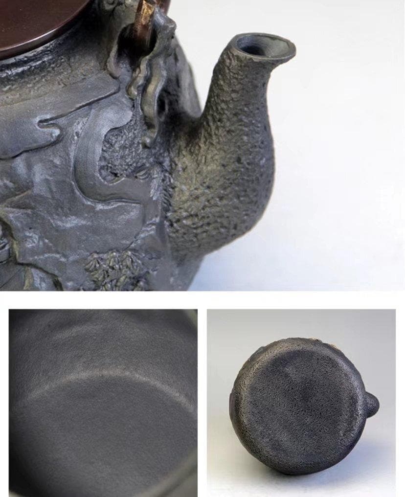 鋳鉄製黒色鉄瓶 鶴と人形の浮彫り 老鉄瓶 提梁壺★未塗装鉄器 1.3L