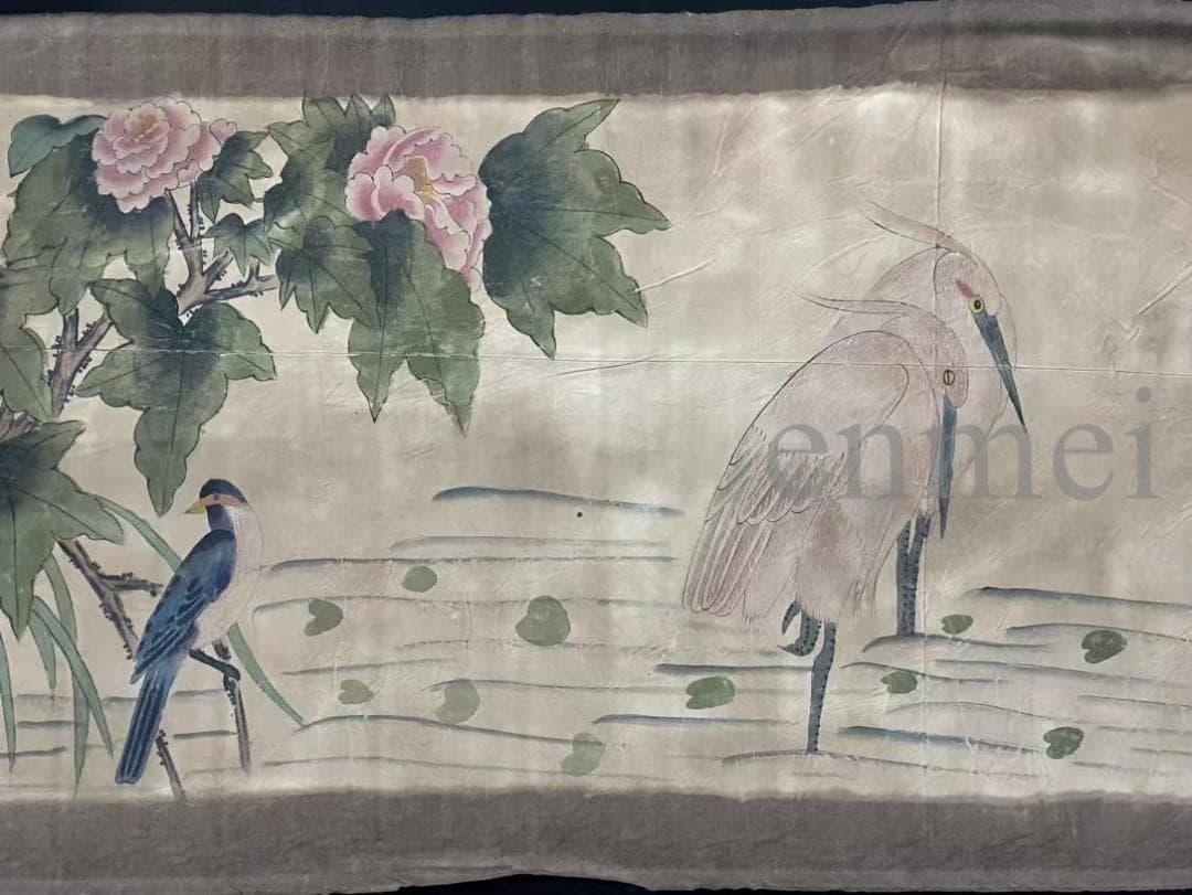 中国古美術・旧藏・明末風・周之冕款・花鳥画・絹本中堂掛軸・純手描き・書画・骨董品