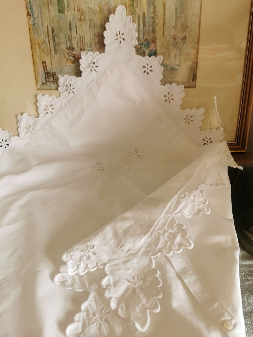 アンティークフランス オープンカットワーク＆スカラップ刺繍ラージクッションカバー