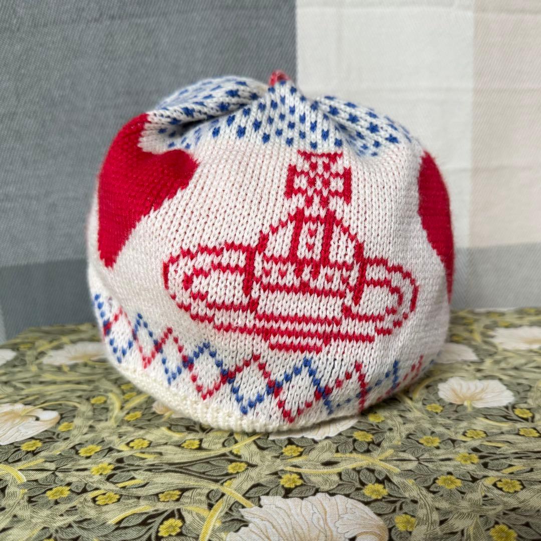 ヴィヴィアンウェストウッド ハート 土星 総柄ニット帽 ベレー帽 ホワイト ロゴ