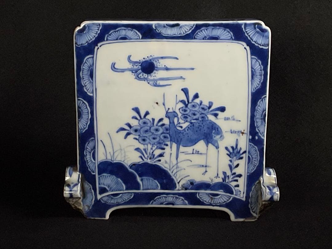 時代硯屏　染付　鹿と花　硯　文房具　文房四宝　置物