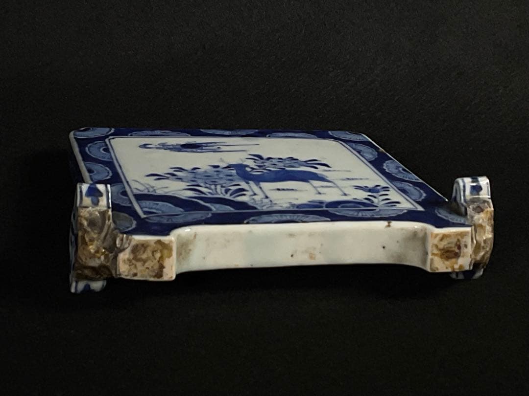 時代硯屏　染付　鹿と花　硯　文房具　文房四宝　置物