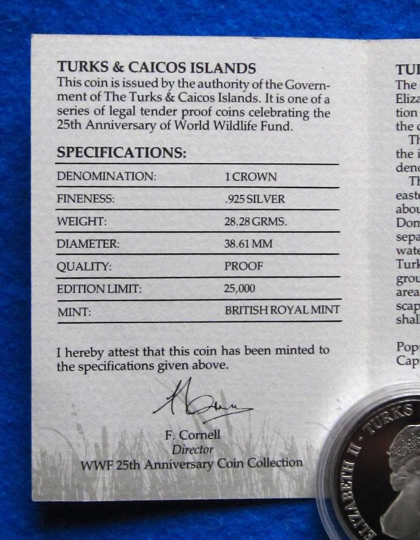 ８８年　タークスカイコス諸島　WWF２５周年記念　プルーフ銀貨　イグアナ図　１枚