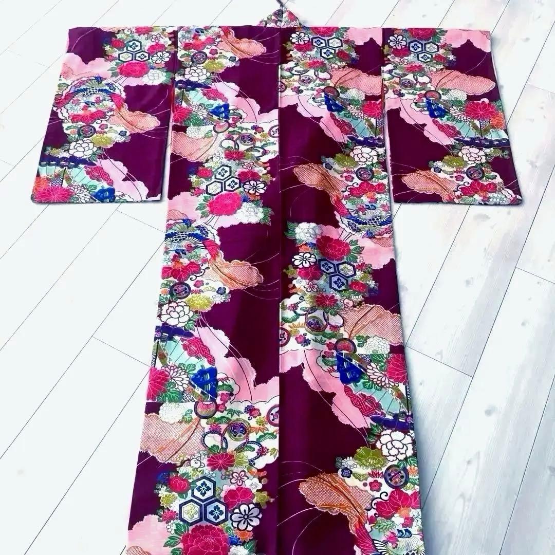 アンティーク着物　子供用　しつけ付　鳳凰・花模様　地紋　正絹　No.35