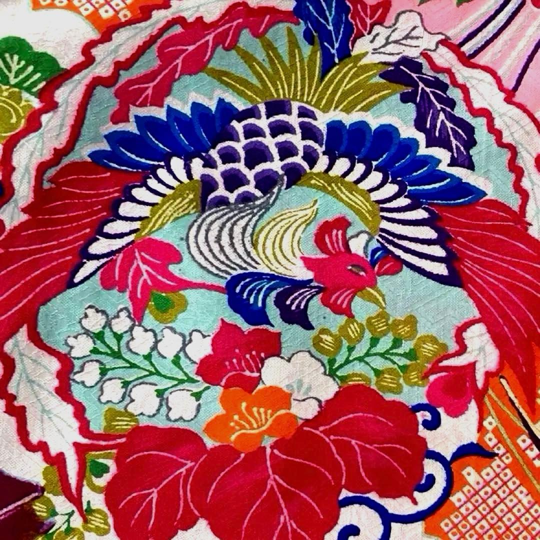 アンティーク着物　子供用　しつけ付　鳳凰・花模様　地紋　正絹　No.35