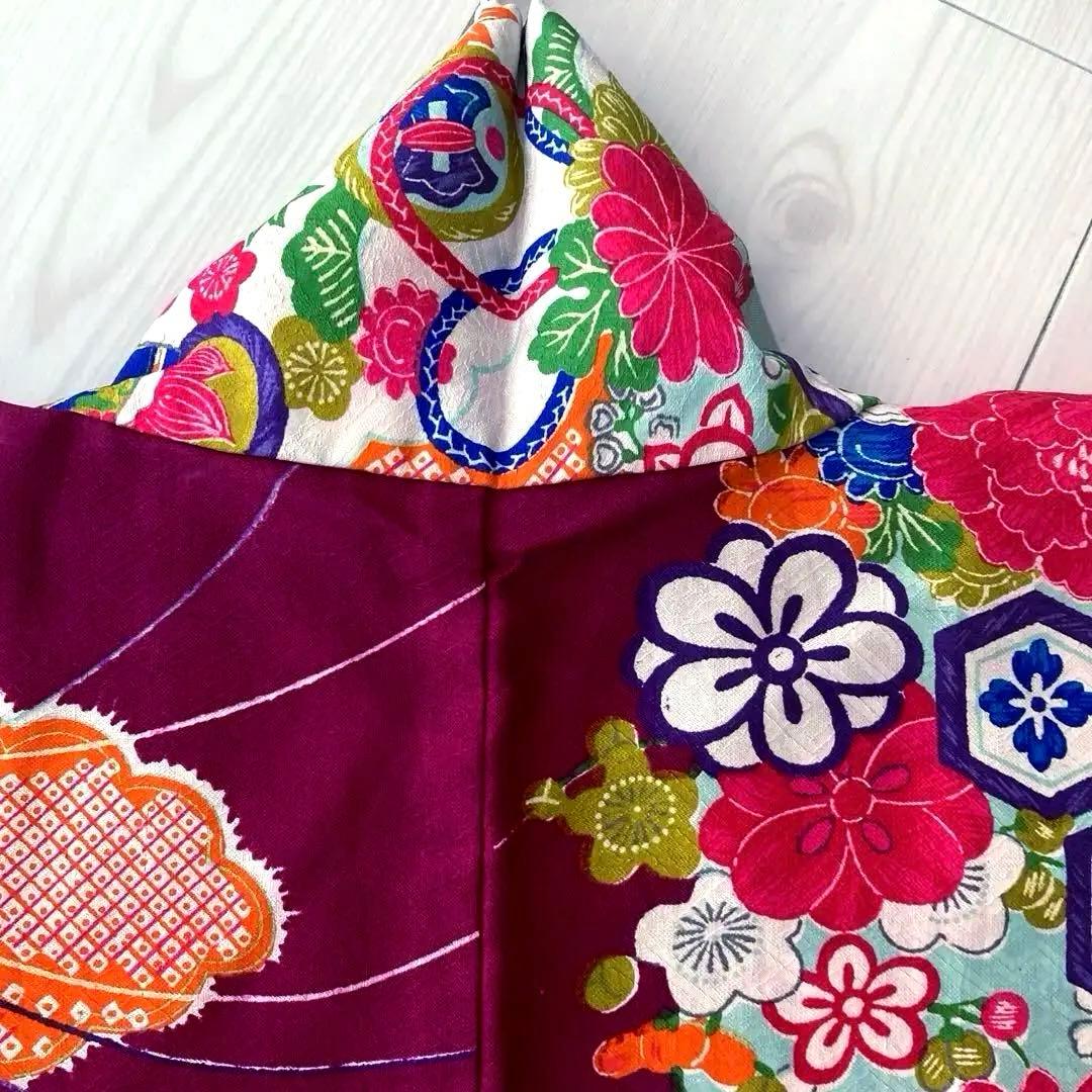 アンティーク着物　子供用　しつけ付　鳳凰・花模様　地紋　正絹　No.35