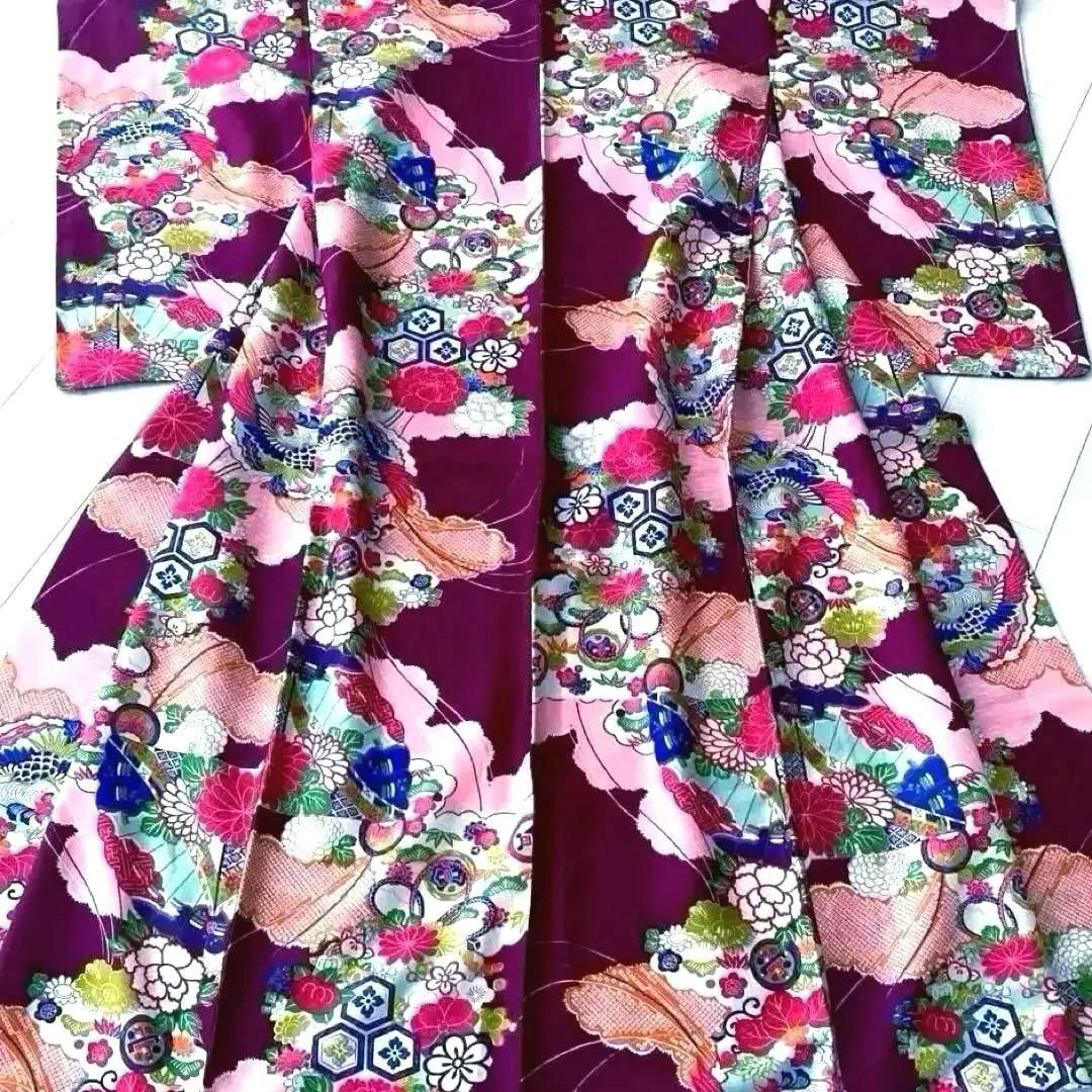 アンティーク着物　子供用　しつけ付　鳳凰・花模様　地紋　正絹　No.35