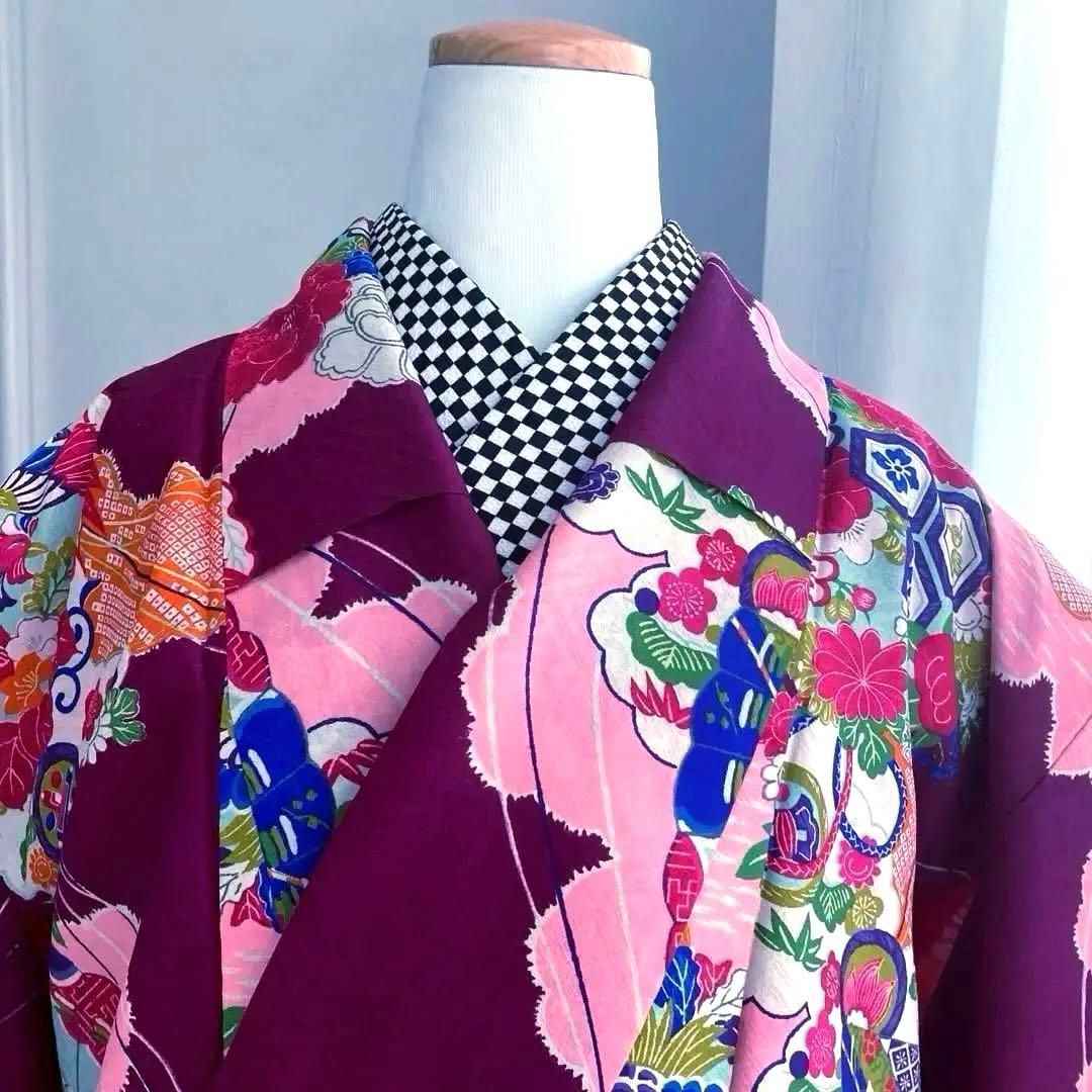 アンティーク着物　子供用　しつけ付　鳳凰・花模様　地紋　正絹　No.35