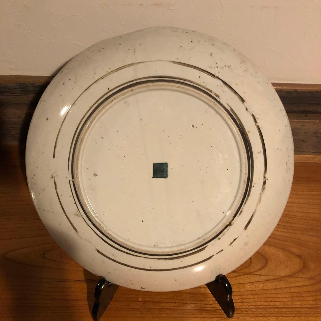 古い九谷焼の色絵大皿約37cm皿立て付き