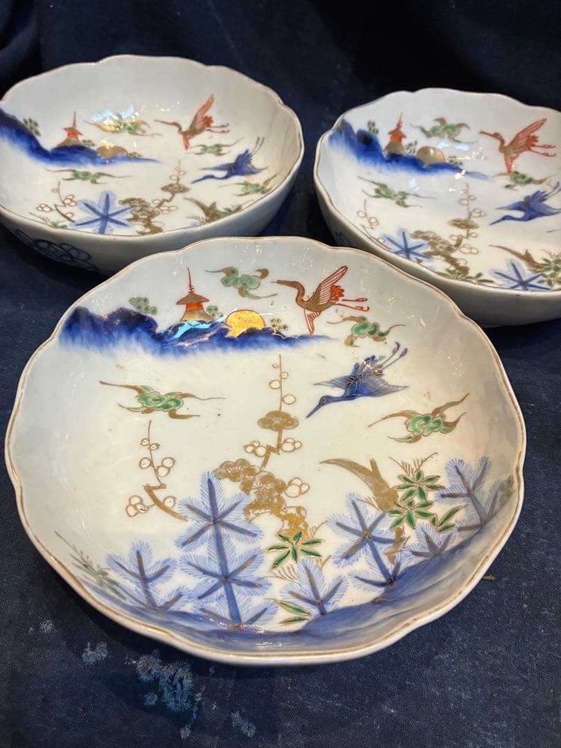 古伊万里　色絵金彩　なます皿　3枚　雲鶴　松竹梅　傷なし　明治