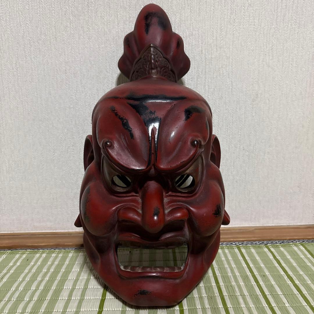 お面　能面　神楽面　仁王　仏具　鬼　男　赤　工芸品　渦　金剛力士　壁掛け　置物