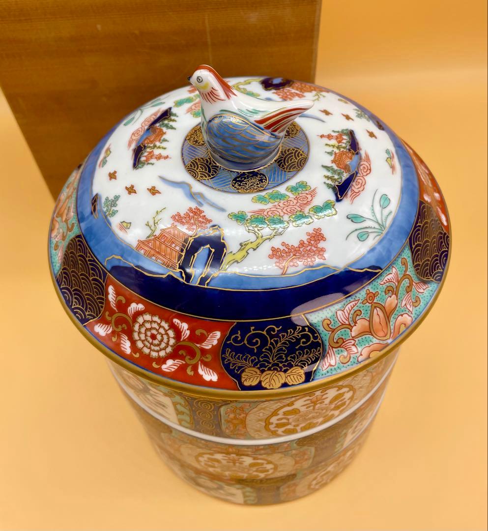 【新品未使用】有田焼 幸楽窯 古伊萬里　色絵山水　金彩 三段重　木箱付き