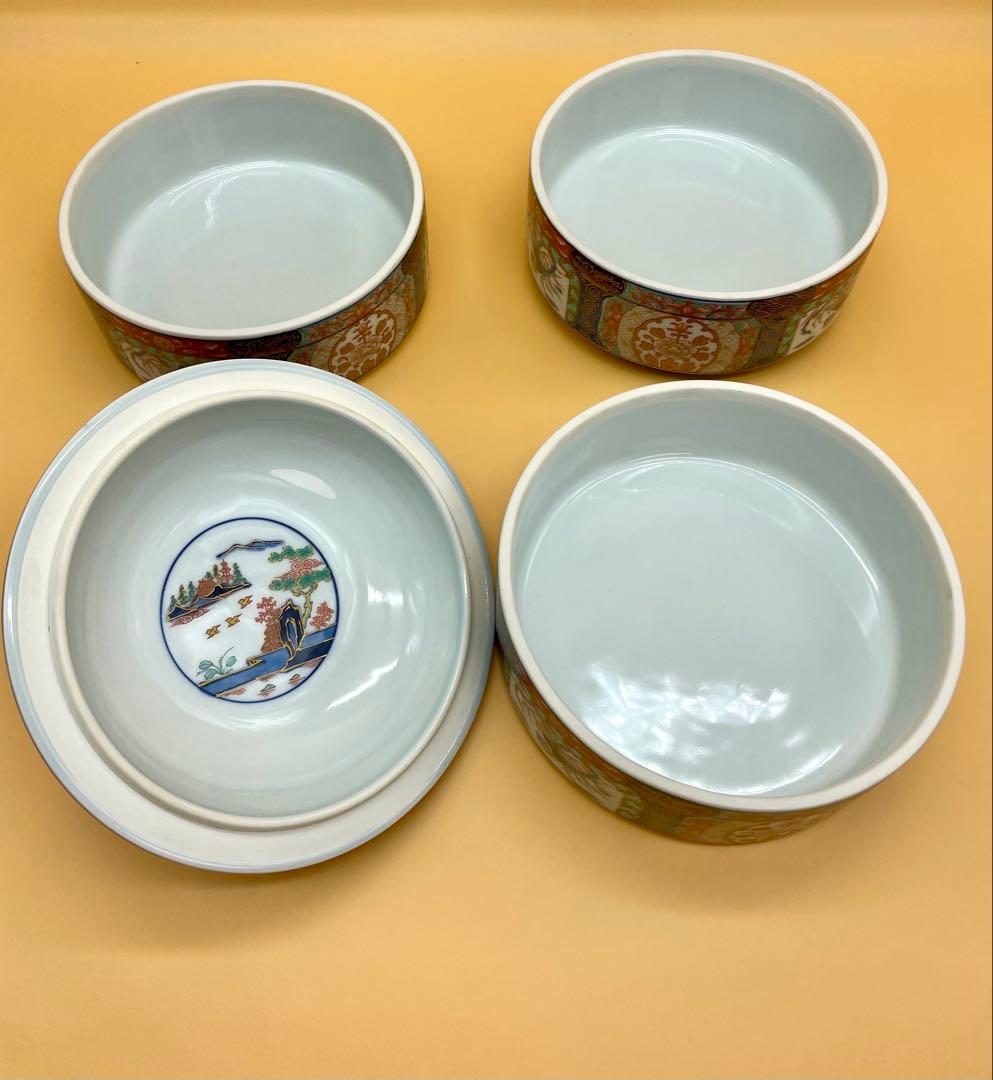 【新品未使用】有田焼 幸楽窯 古伊萬里　色絵山水　金彩 三段重　木箱付き