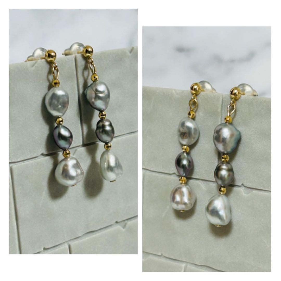 (M0104-3)K10,18YGタヒチ，南洋ケシパールぶら下がりピアス