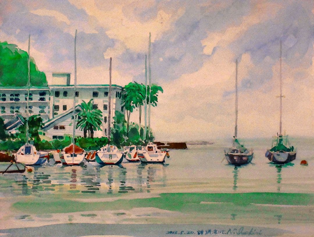 水彩画 諸磯湾 額装付き 原画