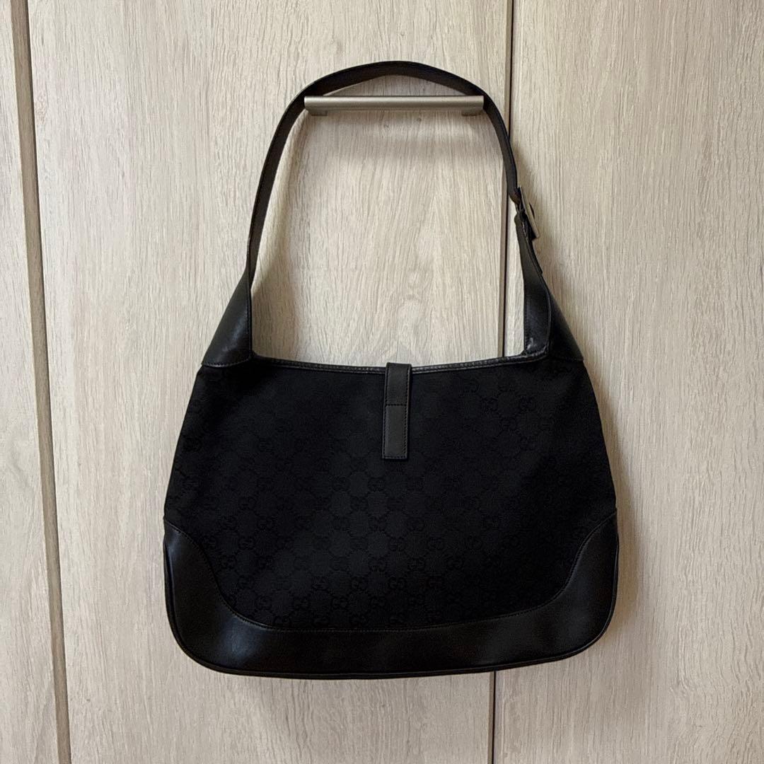 GUCCI ワンショルダーバッグ　ジャッキー　GG柄　キャンバス　黒　レザー
