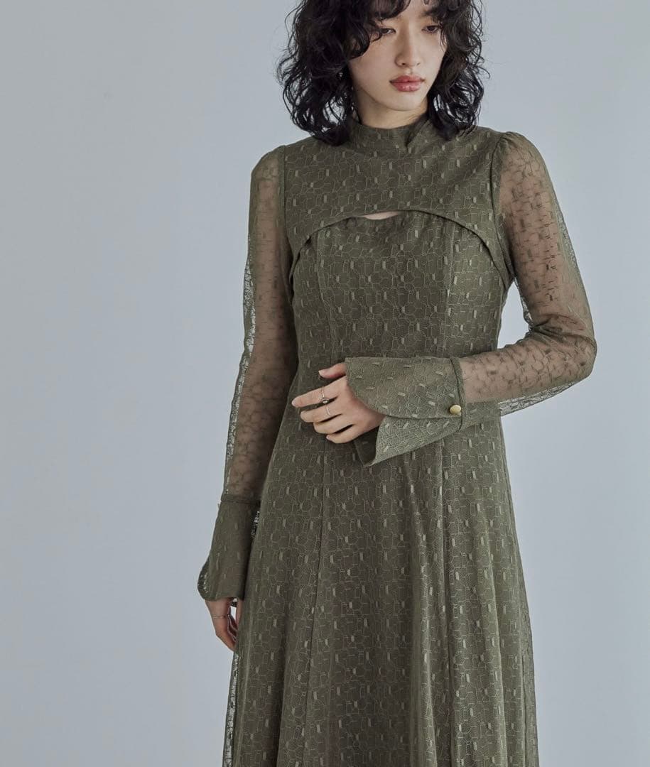 アンドレスド ANDRESD バックオープンジオメトリックドレス オリーブ S