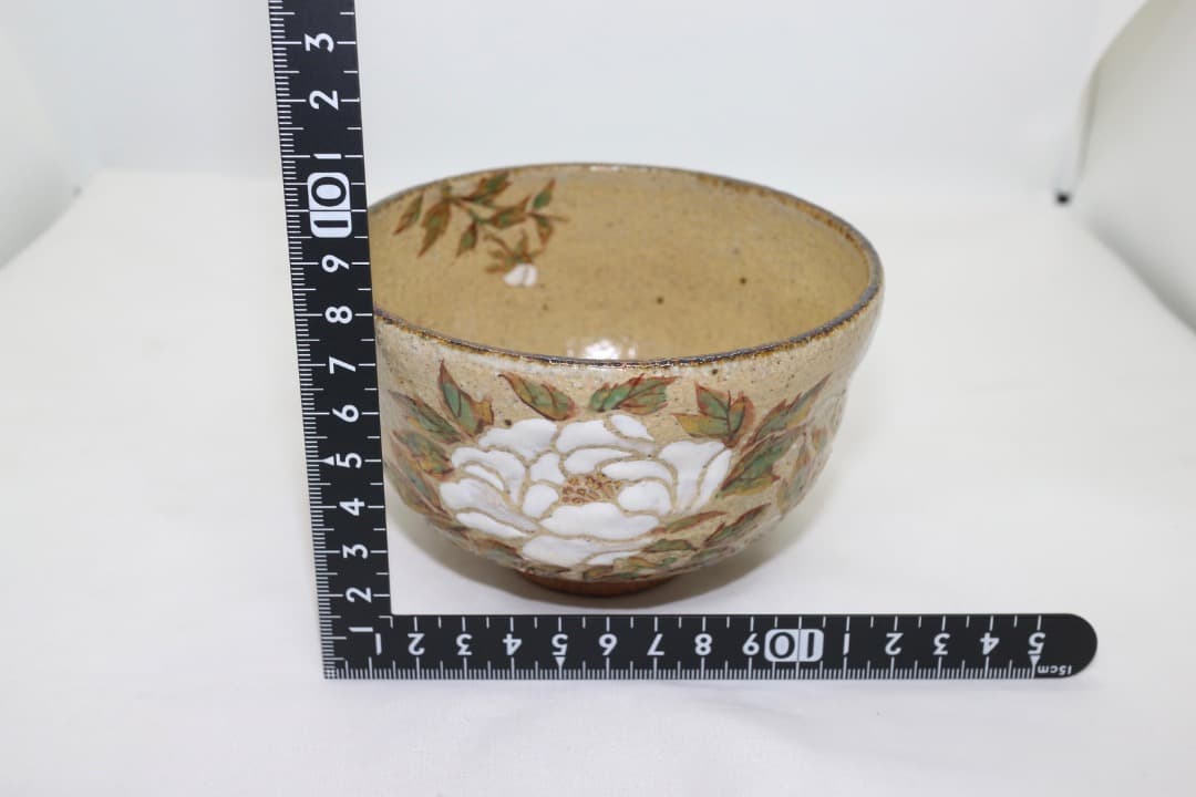 京焼 中村良二 灰釉 牡丹絵 茶碗 茶道具 共箱 共布