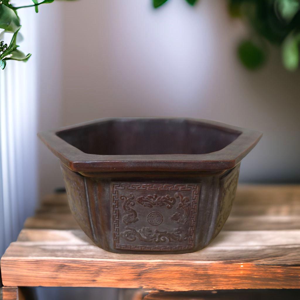 【浙寧玉成窯造】中国古美術 八角形陶器鉢 紫砂陶芸 ダークブラウン 落款あり