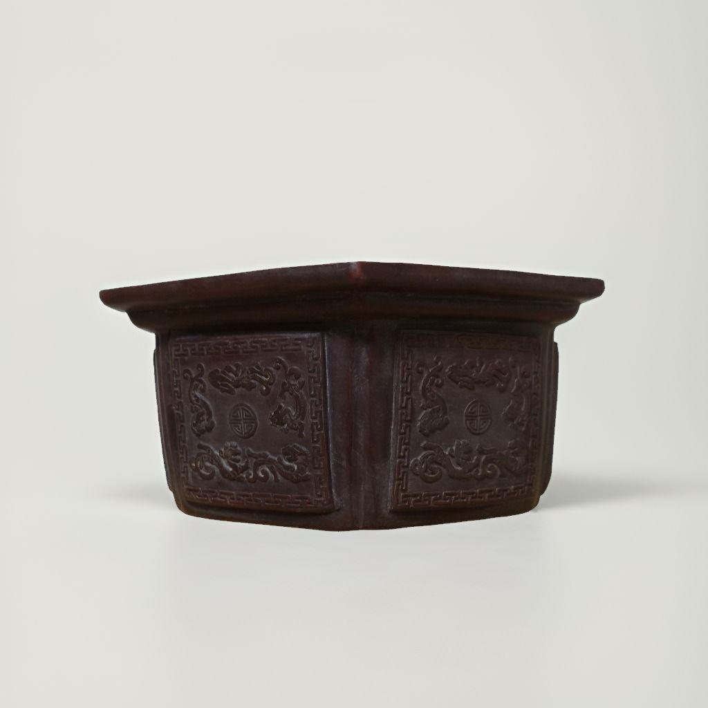 【浙寧玉成窯造】中国古美術 八角形陶器鉢 紫砂陶芸 ダークブラウン 落款あり