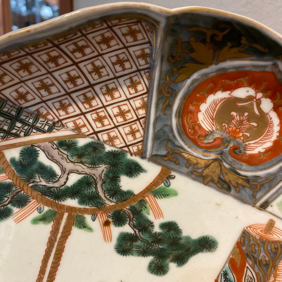 古伊万里　金彩　色絵皿　大皿　絵巻き