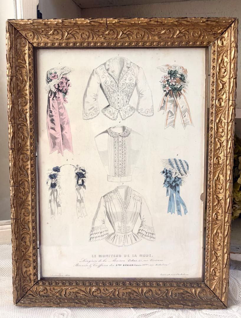 フランスアンティーク ファッションプレート 額 ガラス付き フレーム イラスト