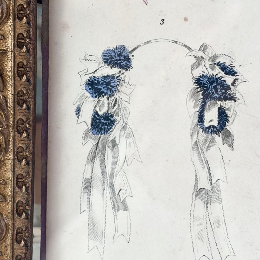 フランスアンティーク ファッションプレート 額 ガラス付き フレーム イラスト