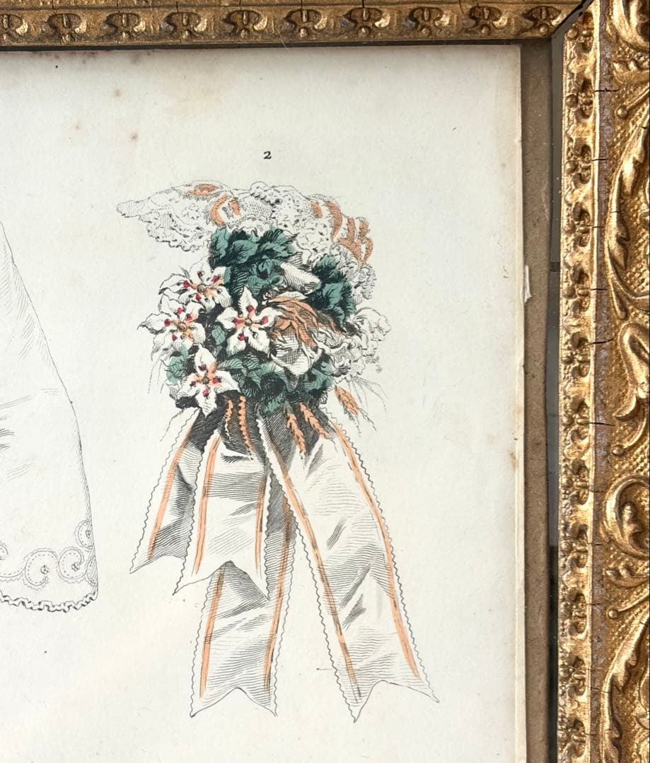 フランスアンティーク ファッションプレート 額 ガラス付き フレーム イラスト