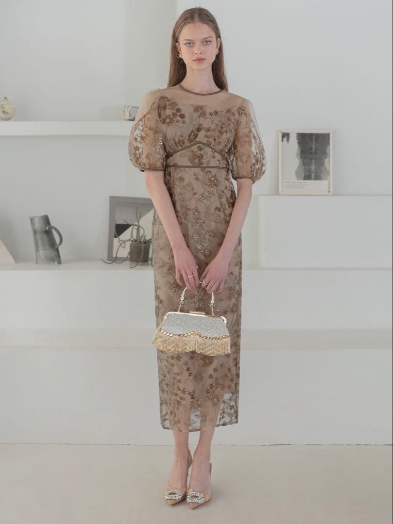 フラワーディテールパフスリーブIラインワンピースドレス結婚式成人式パーティー