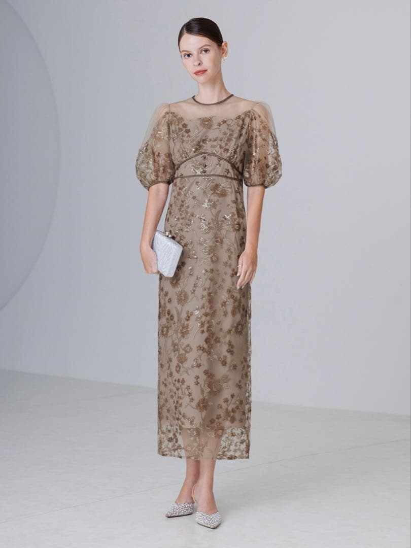 フラワーディテールパフスリーブIラインワンピースドレス結婚式成人式パーティー