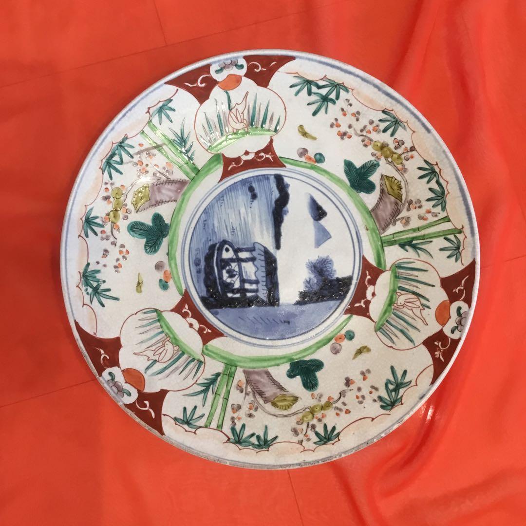 風景画と花模様の茶碗　アンティーク古い　大皿　飾り皿　約39センチ