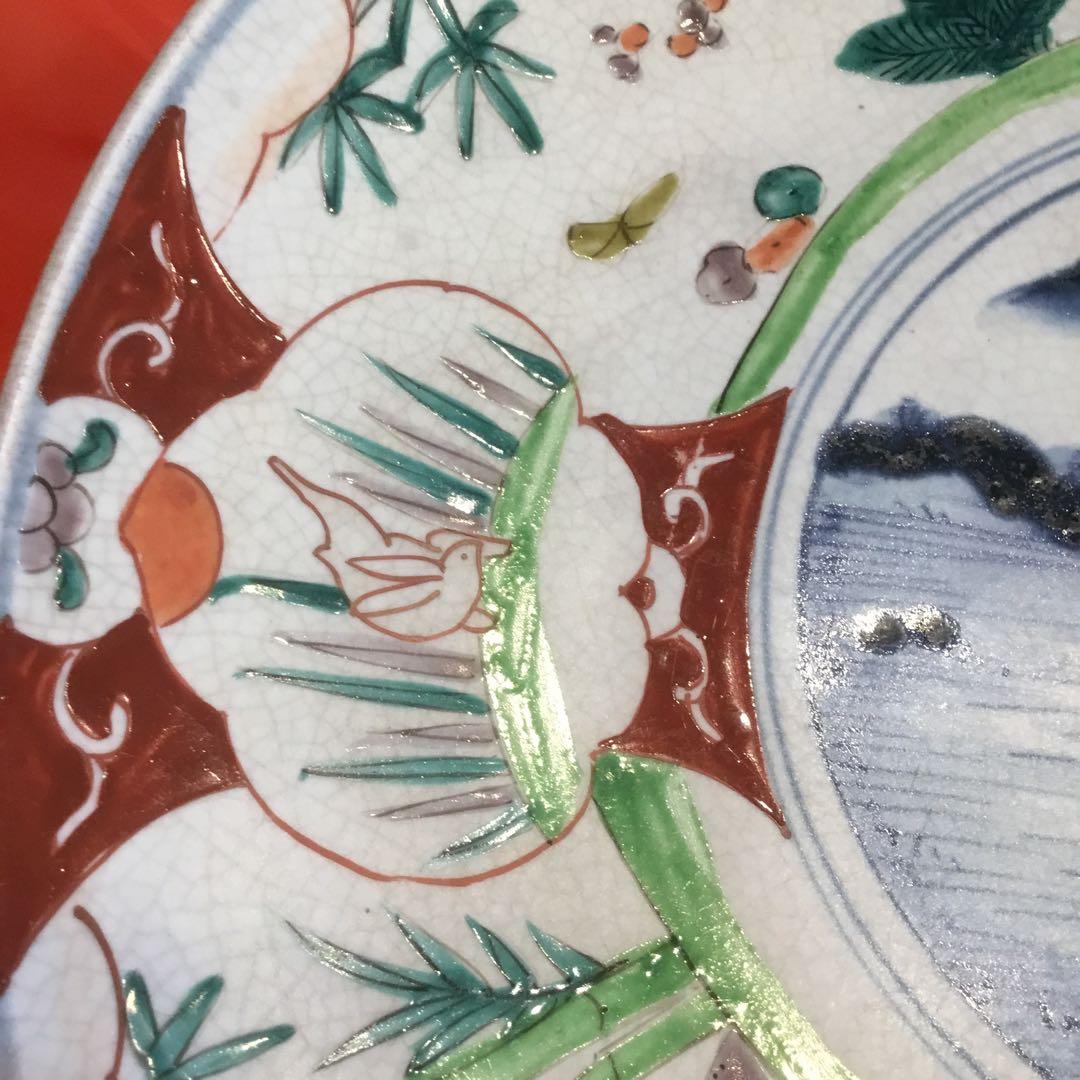 風景画と花模様の茶碗　アンティーク古い　大皿　飾り皿　約39センチ